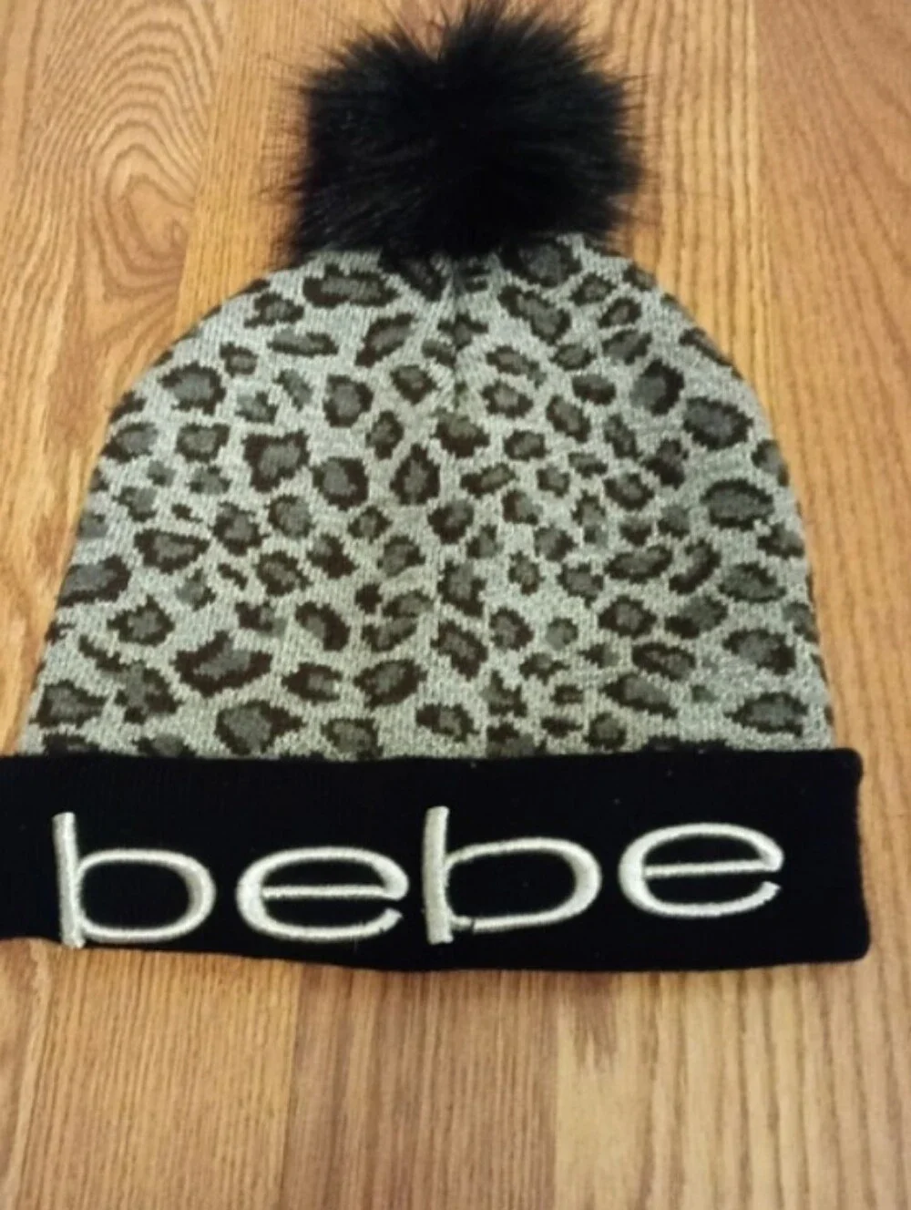bebe Leopard Print Pom-Pom Beanie - Black & Gray